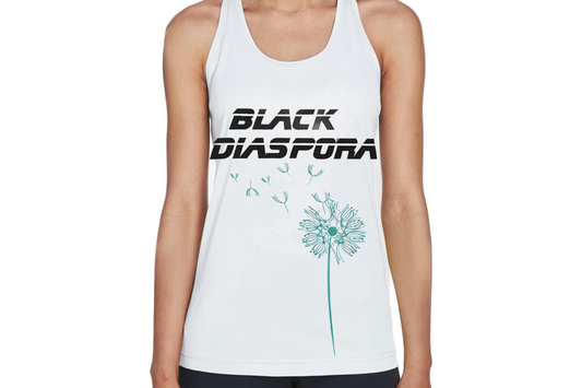 Black Diaspora Ladies Racerback Performance Tank Top White